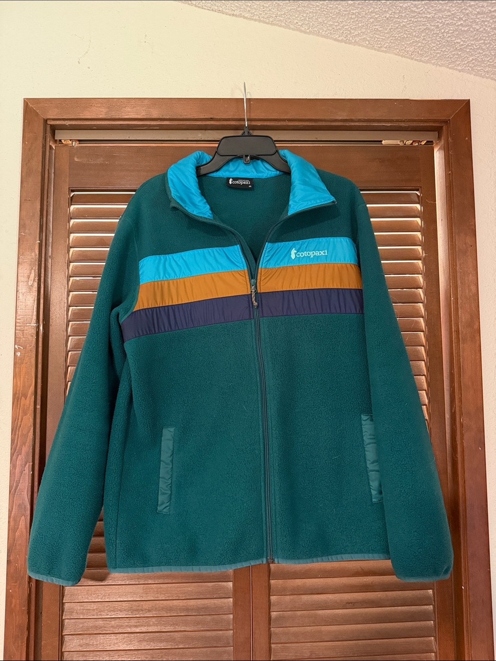 cotopaxi Teal Fleece Jacket with Turquoise, Mustard & Navy Stripes